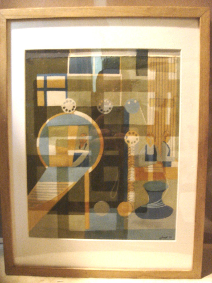 Series Of Seven Signed Oils/paper Dated 52, Trades Of Modernized Industry From The 1950s-photo-3