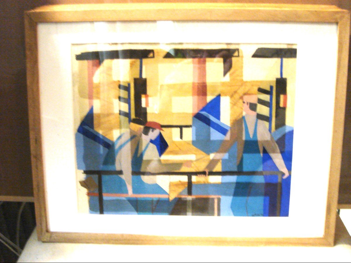 Series Of Seven Signed Oils/paper Dated 52, Trades Of Modernized Industry From The 1950s-photo-2