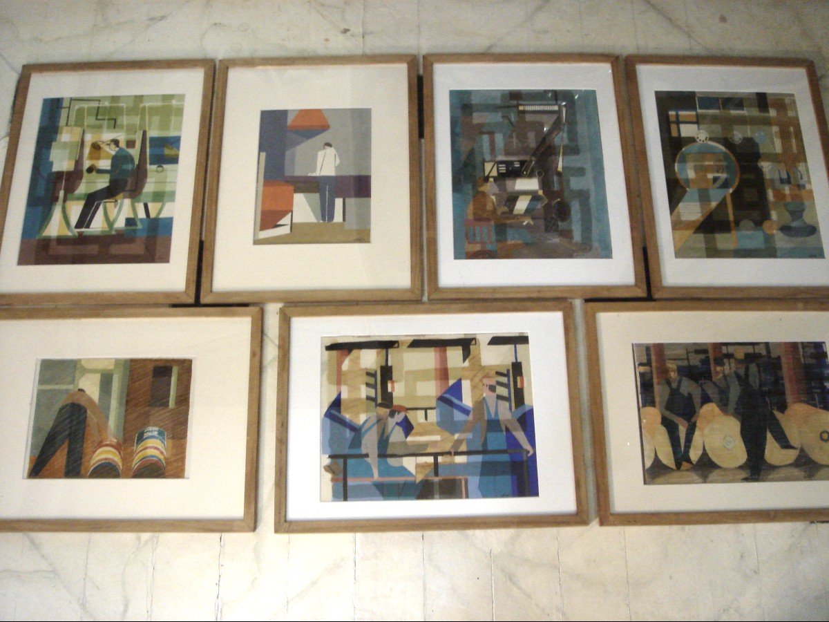 Series Of Seven Signed Oils/paper Dated 52, Trades Of Modernized Industry From The 1950s