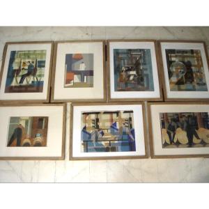 Series Of Seven Signed Oils/paper Dated 52, Trades Of Modernized Industry From The 1950s