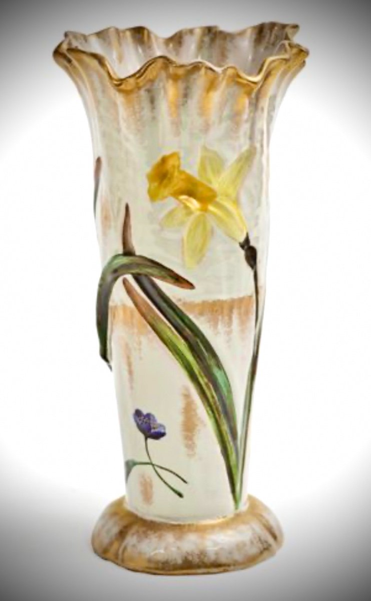 Emile Gallé Ceramic Vase With Narcissus Decor -photo-2