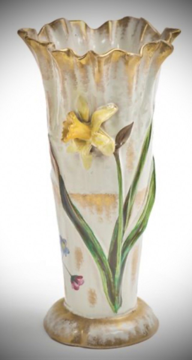 Emile Gallé Ceramic Vase With Narcissus Decor 