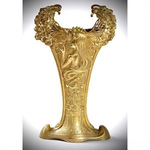 Art Nouveau Golden Bronze Vase Signed A.fery Fondu By Louchet