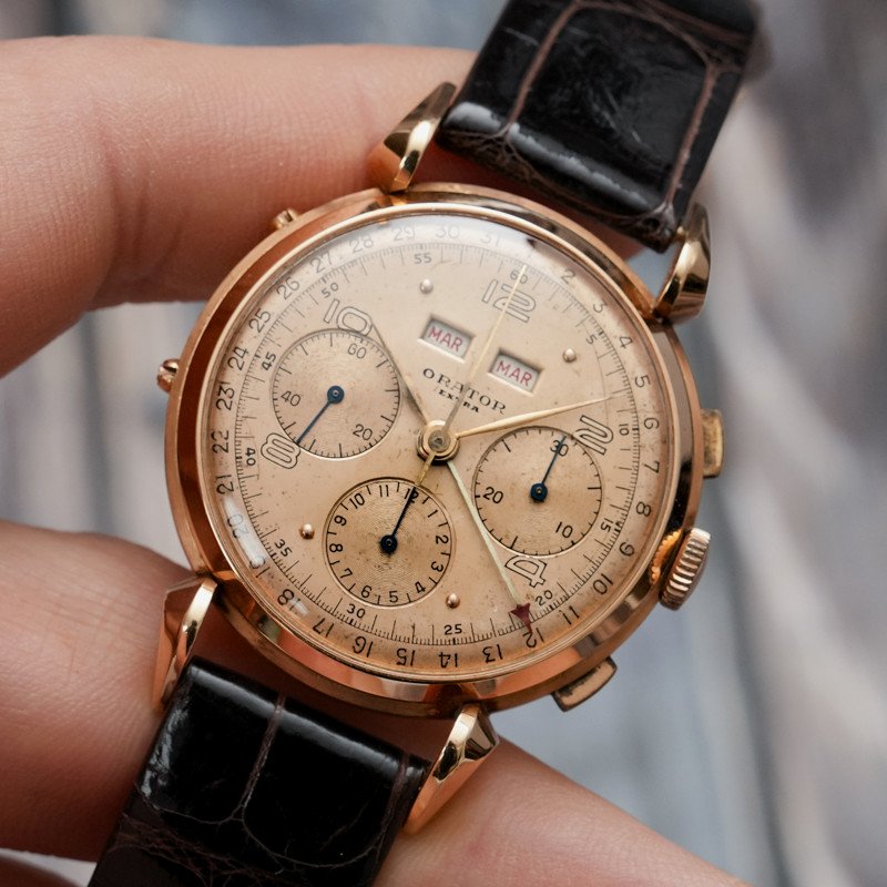 Orator Extra Chronograph Triple Date 18kts Rose Gold Cal.valjoux 72c -1950--photo-1