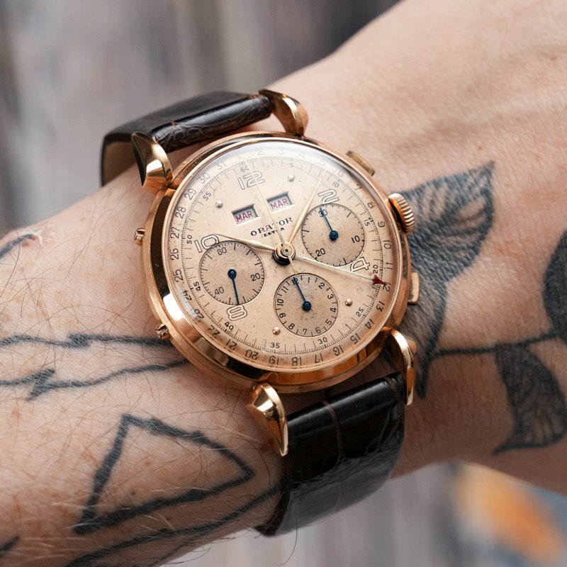 Orator Extra Chronograph Triple Date 18kts Rose Gold Cal.valjoux 72c -1950-