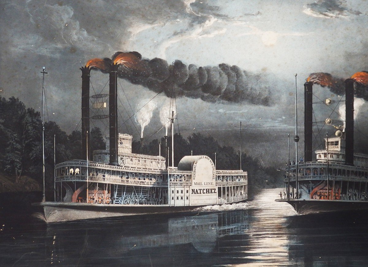 " Midnight Race On The Mississipi" A Lithograph By Frances Flora Bond Palmer-photo-2