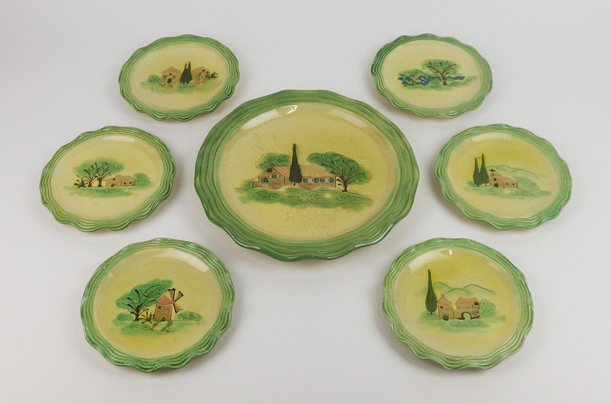 Set Of 6 Vallauris Cérenne Ceramic Dessert Plates And Dish.-photo-2