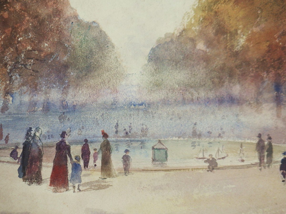 "basin In The Park" Watercolor By Léon Paul Mercier-photo-2