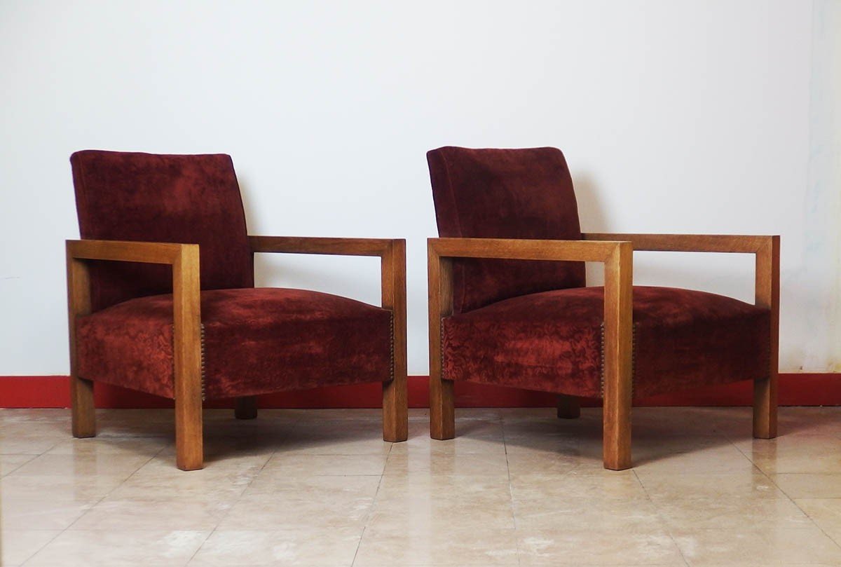 Pair Of Modernist Art Deco Oak Armchairs-photo-2