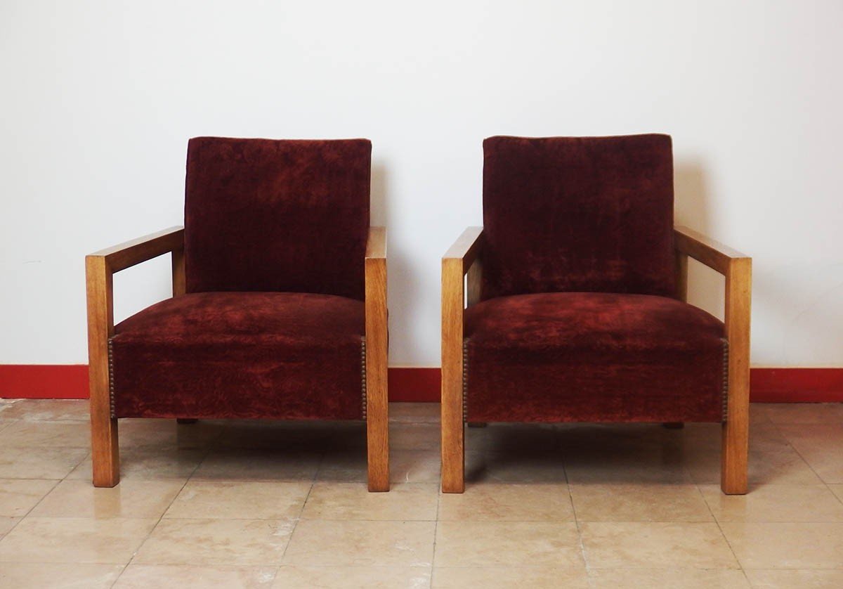 Pair Of Modernist Art Deco Oak Armchairs-photo-3