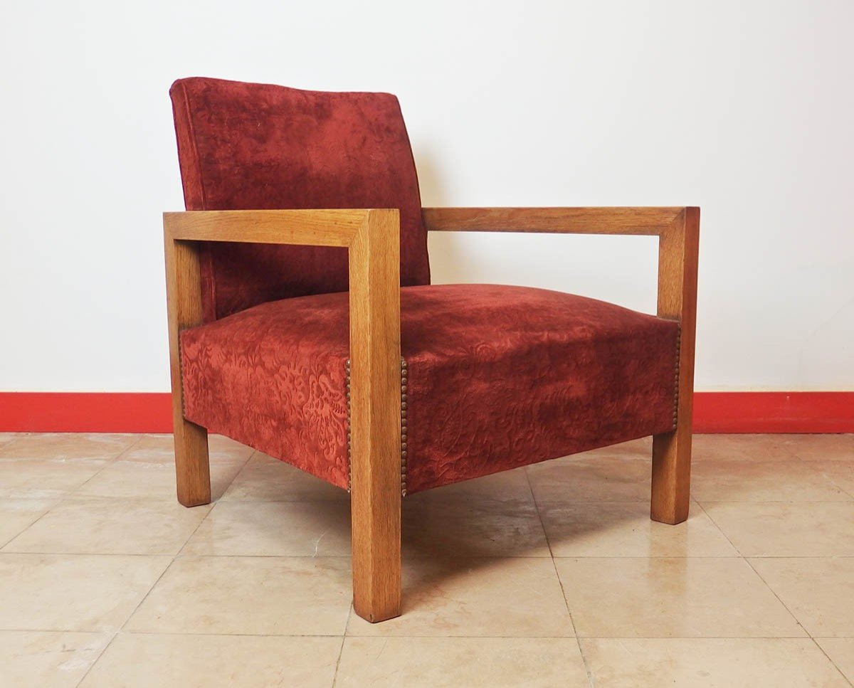 Pair Of Modernist Art Deco Oak Armchairs-photo-3