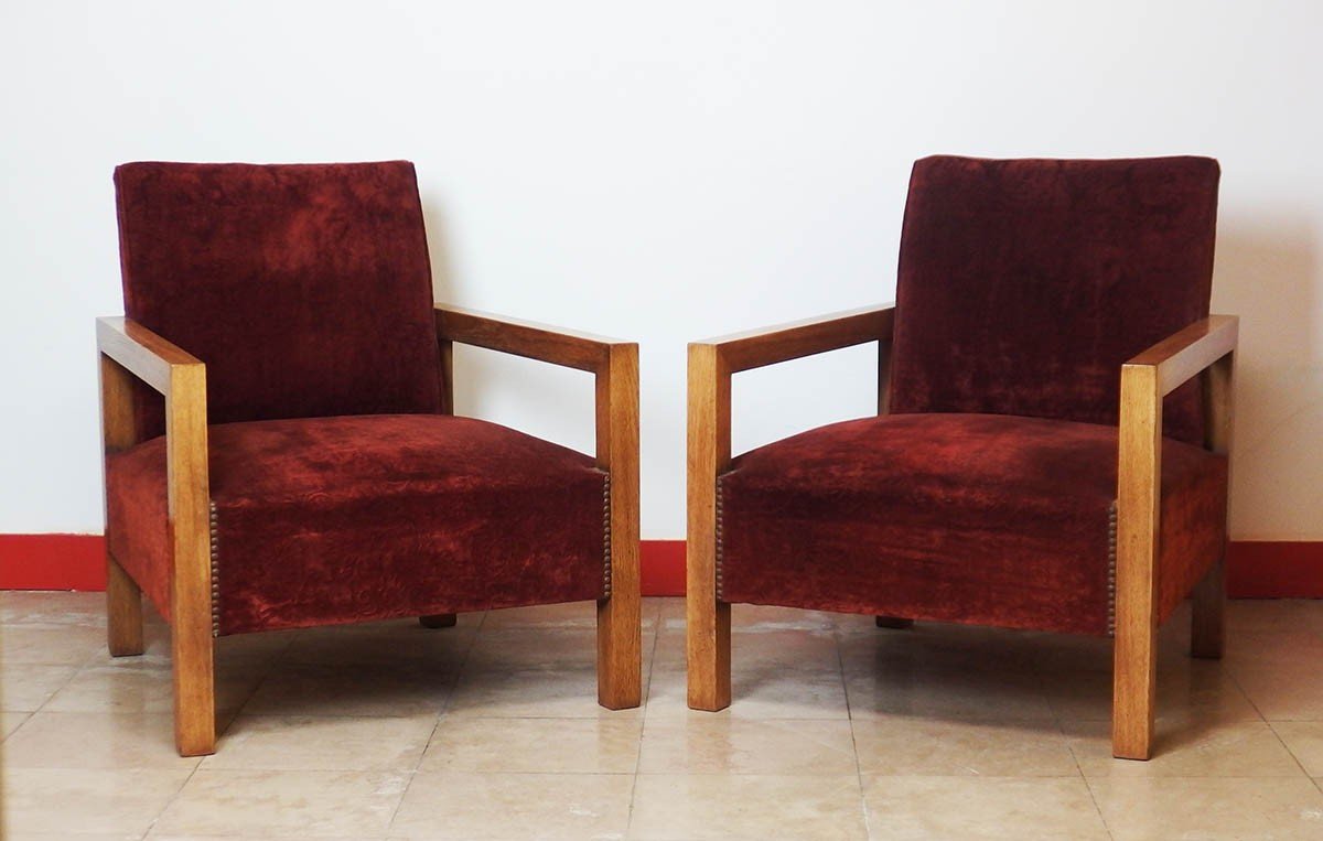 Pair Of Modernist Art Deco Oak Armchairs