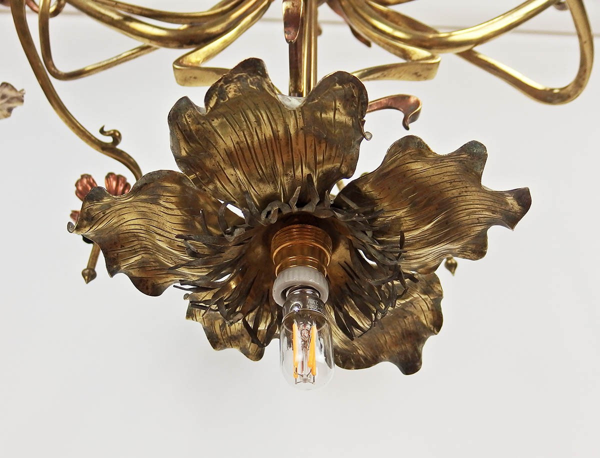 Art Nouveau Floral Chandelier In Brass And Copper-photo-1