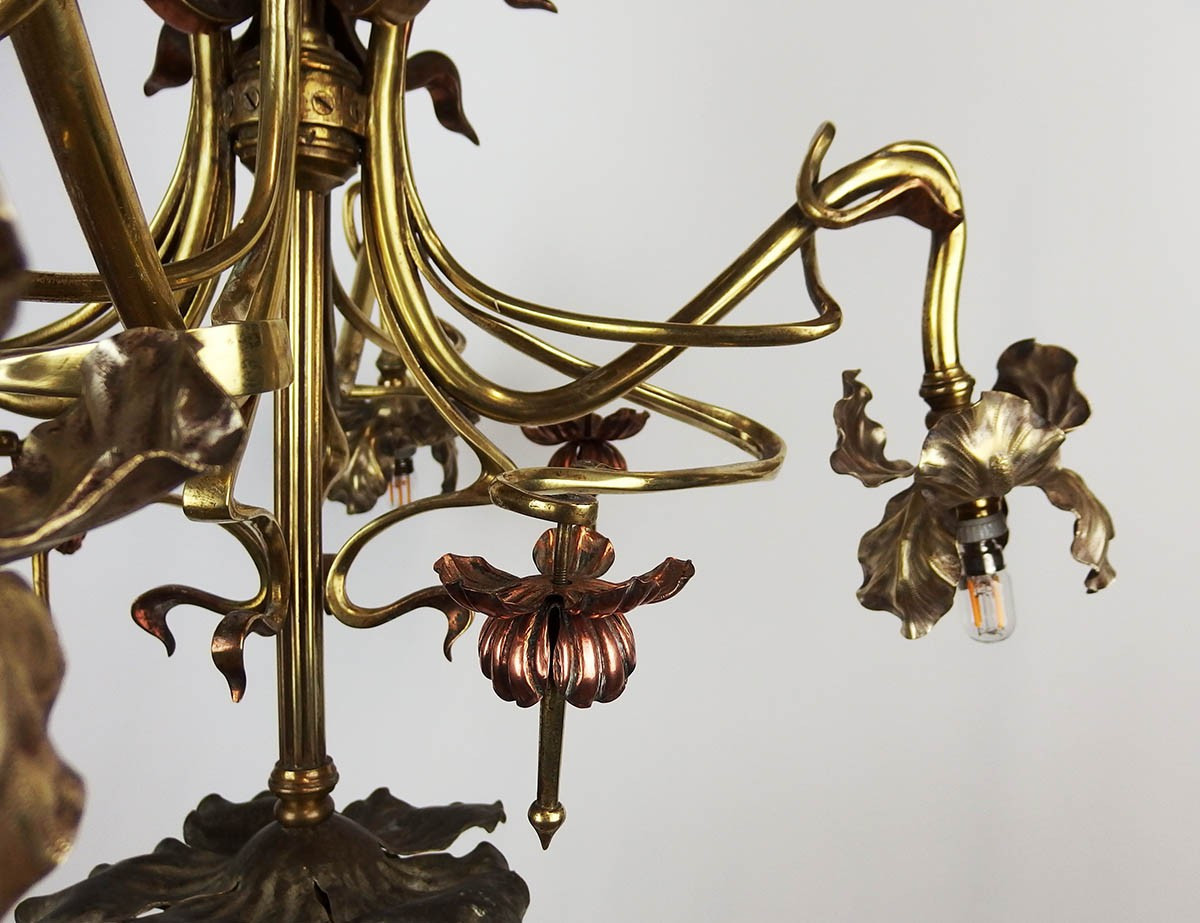 Art Nouveau Floral Chandelier In Brass And Copper-photo-2