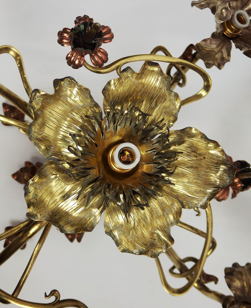 Art Nouveau Floral Chandelier In Brass And Copper-photo-4