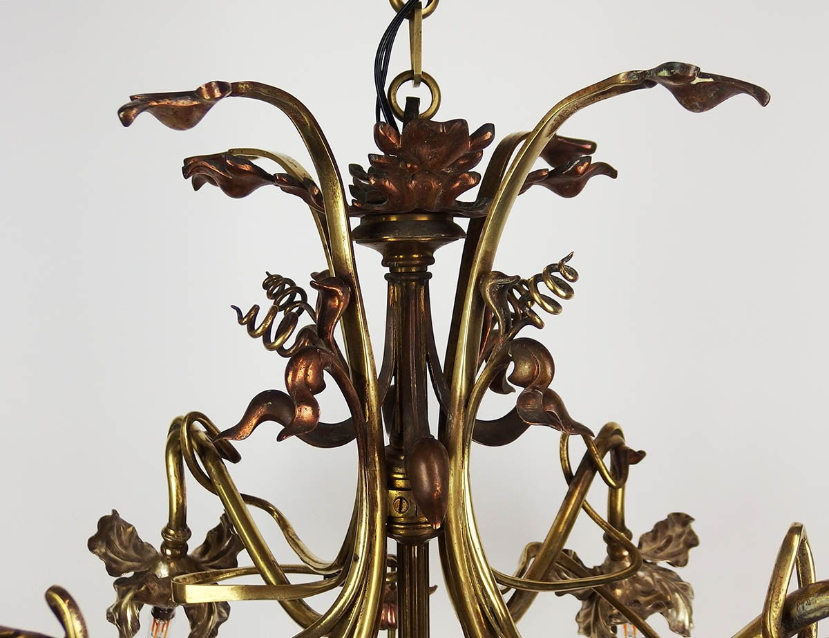 Art Nouveau Floral Chandelier In Brass And Copper-photo-5