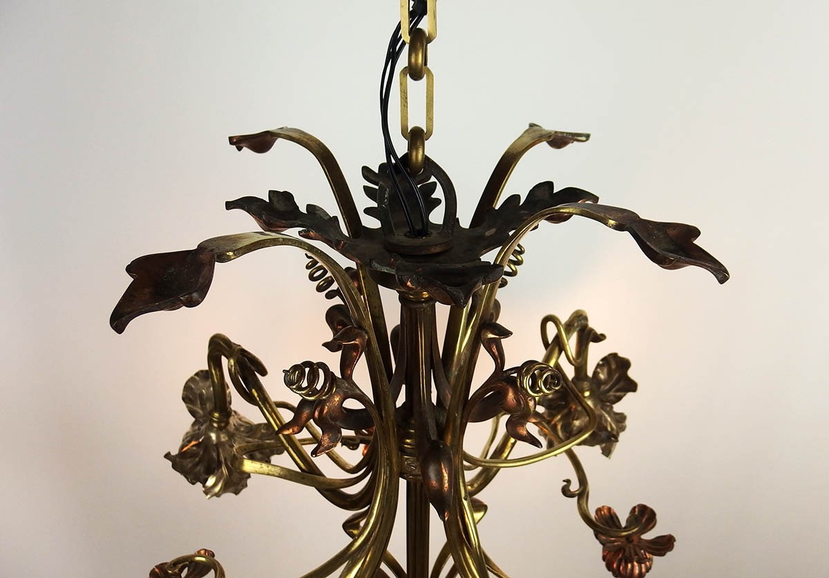 Art Nouveau Floral Chandelier In Brass And Copper-photo-6