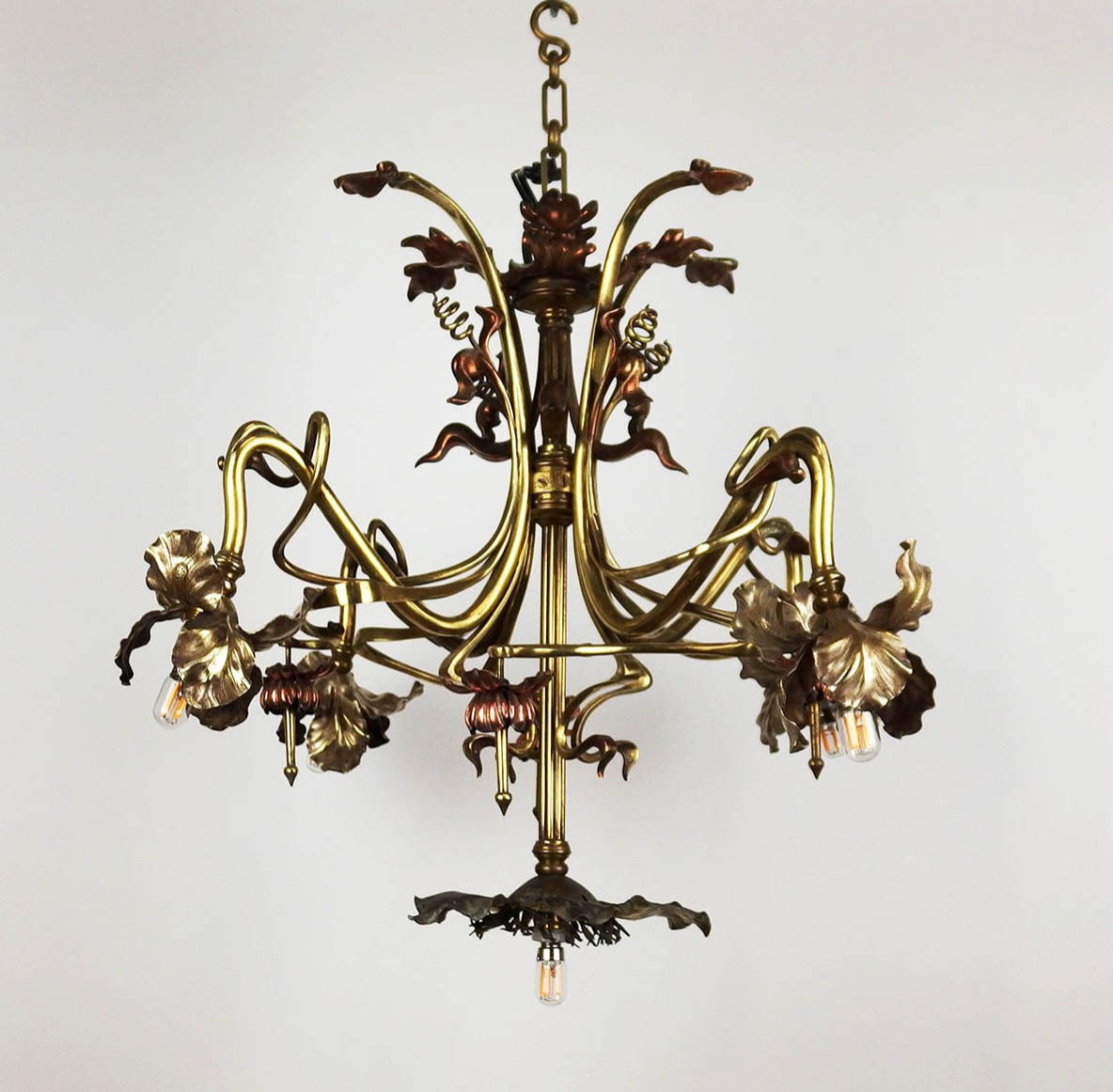 Art Nouveau Floral Chandelier In Brass And Copper