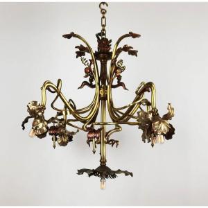 Art Nouveau Floral Chandelier In Brass And Copper