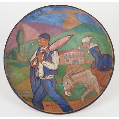 Painted Terracotta Dish Presenting A Scene In The Pays Basque Ountry Signed Lazard