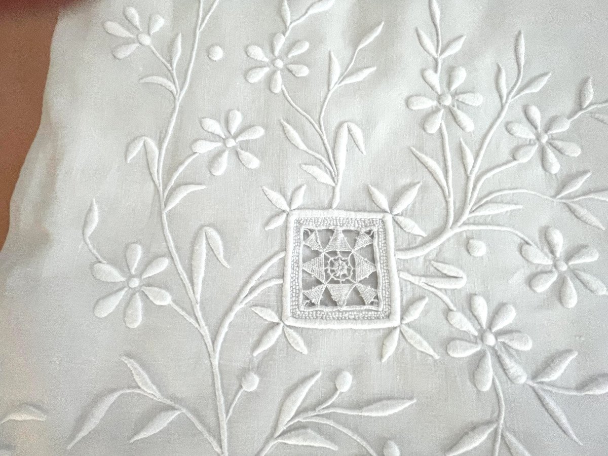  Drap Broderie Main Sur Toile De Lin Fin Avec Monogramme QM Et Retours Brodés- Linge Ancien-photo-1