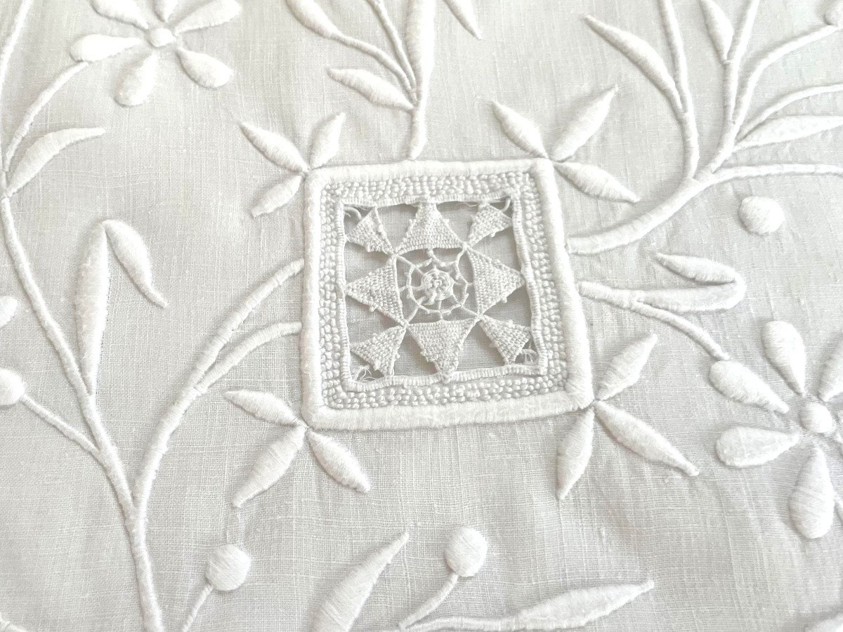  Drap Broderie Main Sur Toile De Lin Fin Avec Monogramme QM Et Retours Brodés- Linge Ancien-photo-2