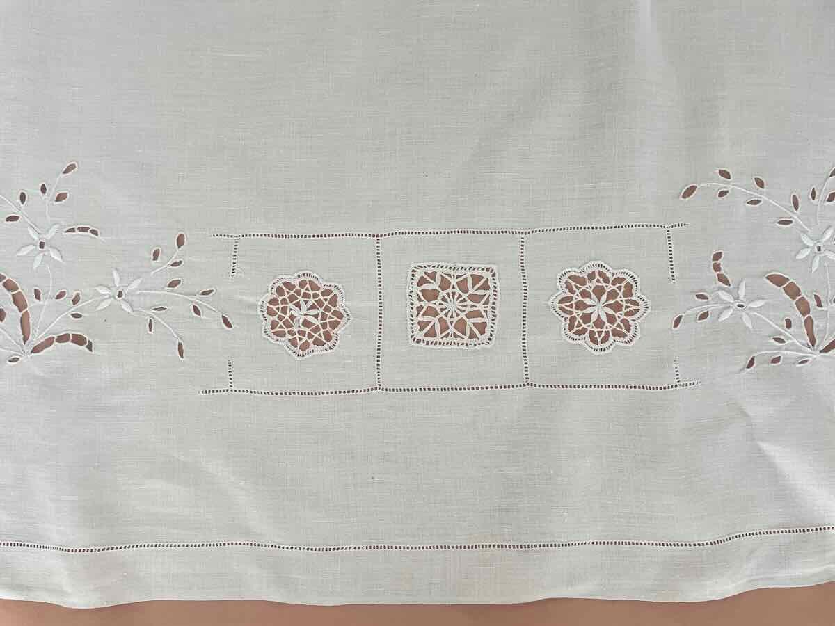 Bedspread, Wall Hanging With Hand Embroidery, Lace On Fine Linen Canvas - Old Linen-photo-3