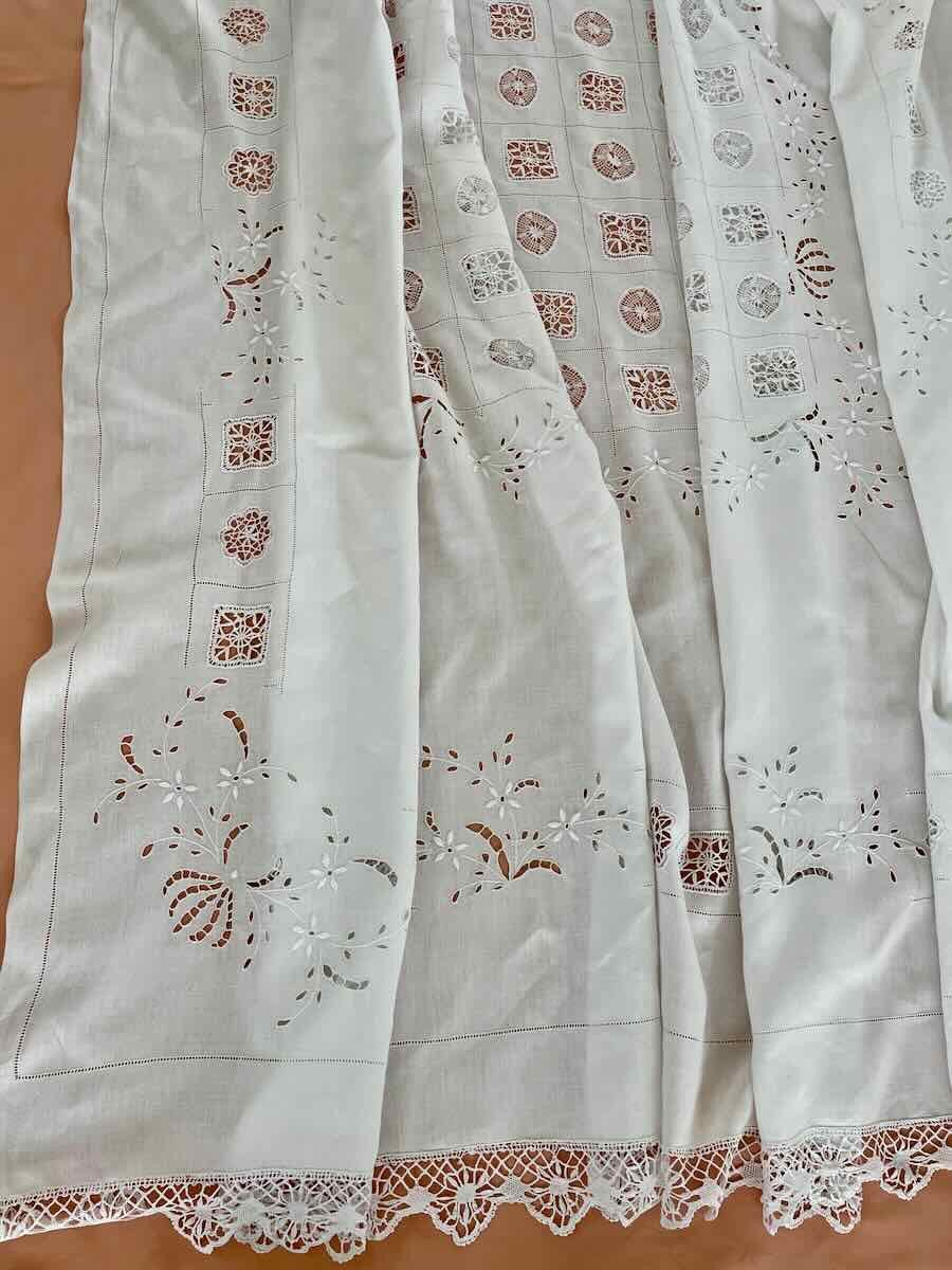 Bedspread, Wall Hanging With Hand Embroidery, Lace On Fine Linen Canvas - Old Linen-photo-5