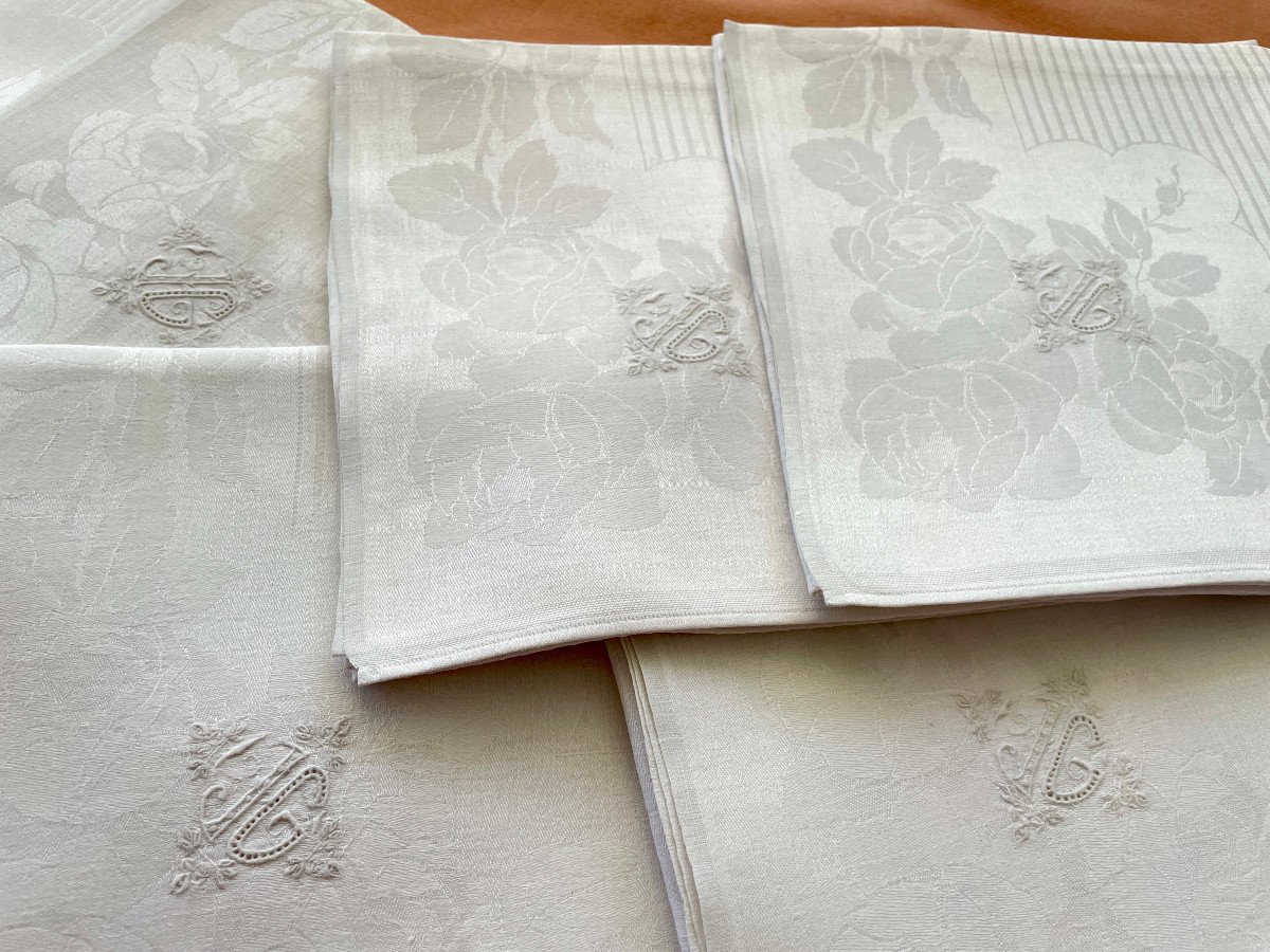 Lot 7 Wonderful Table Napkins In Linen Yarn Damask With Jg Monogram-photo-4