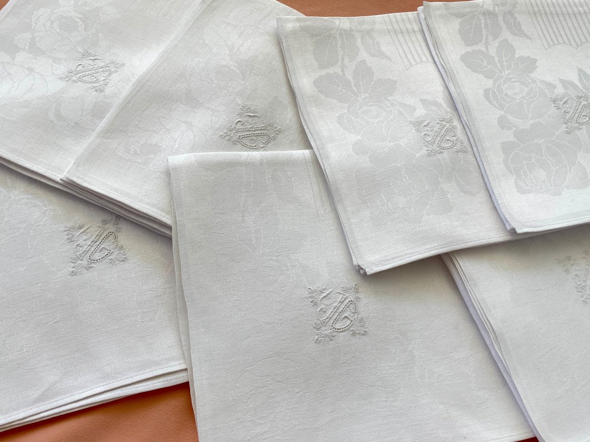 Lot 7 Wonderful Table Napkins In Linen Yarn Damask With Jg Monogram-photo-3