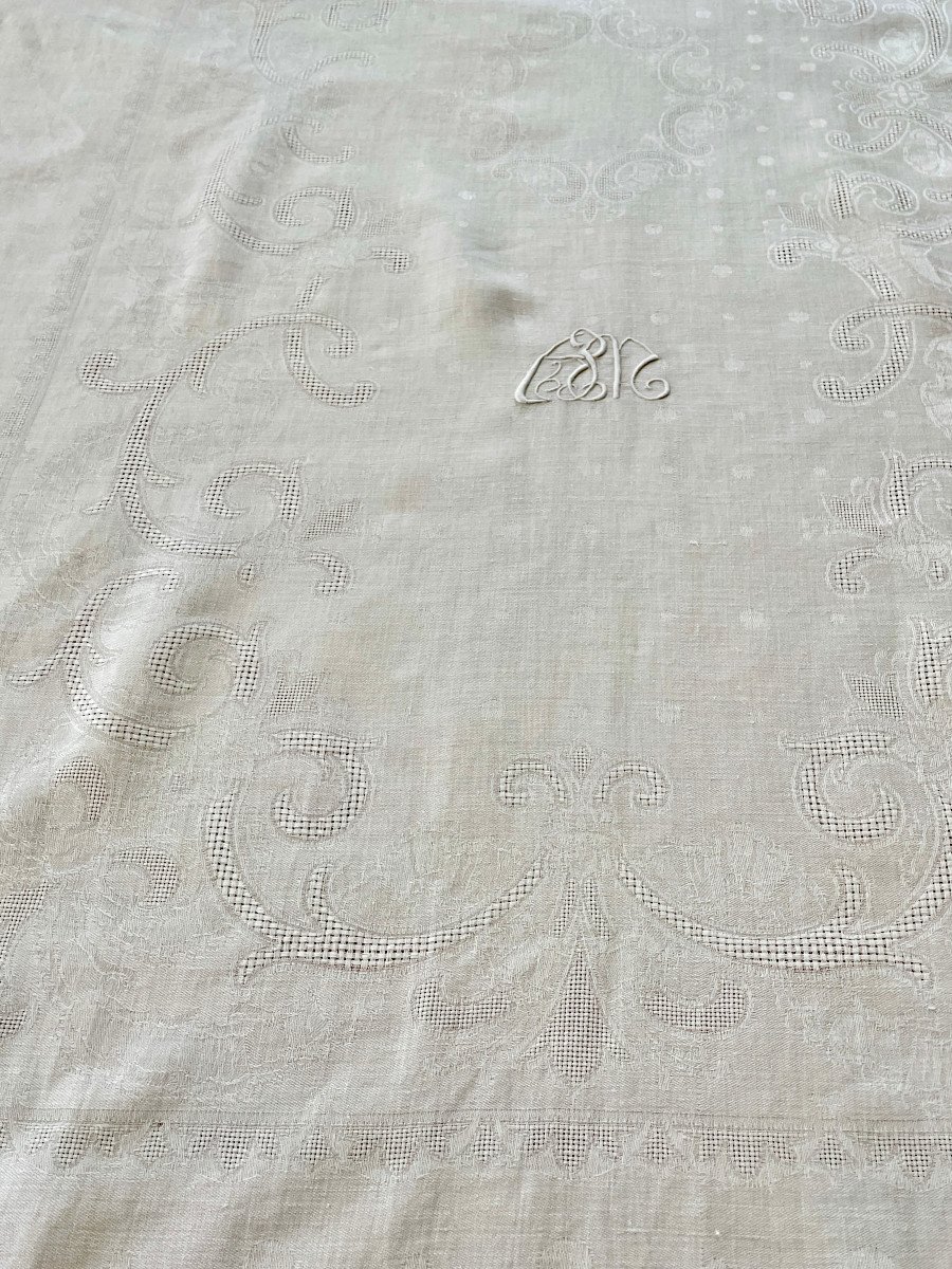 Nappe En Damassé De Lin Fin Avec 2 Monogrammes Am Et Beaux Motifs Tissés-photo-3