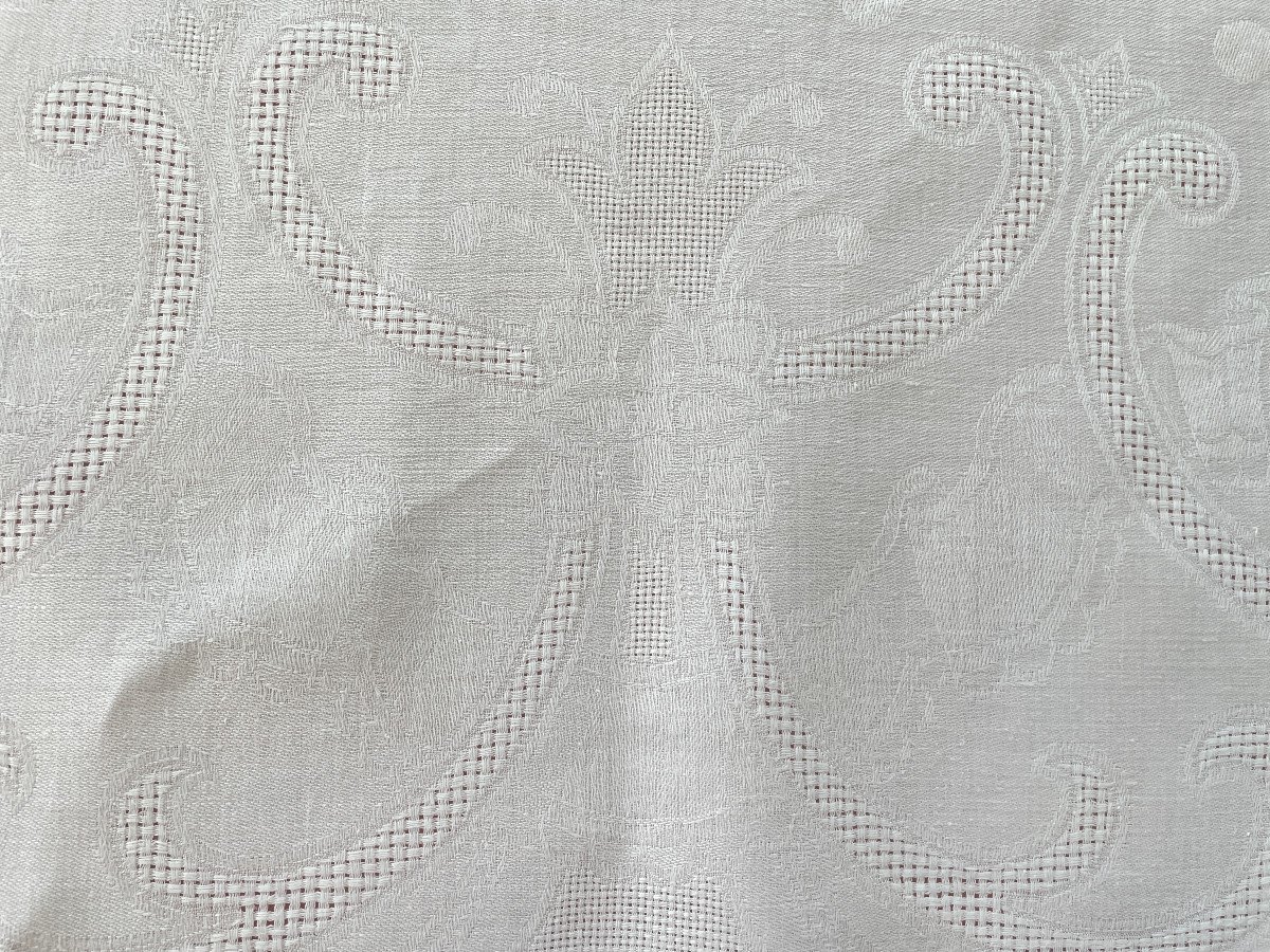 Nappe En Damassé De Lin Fin Avec 2 Monogrammes Am Et Beaux Motifs Tissés-photo-4