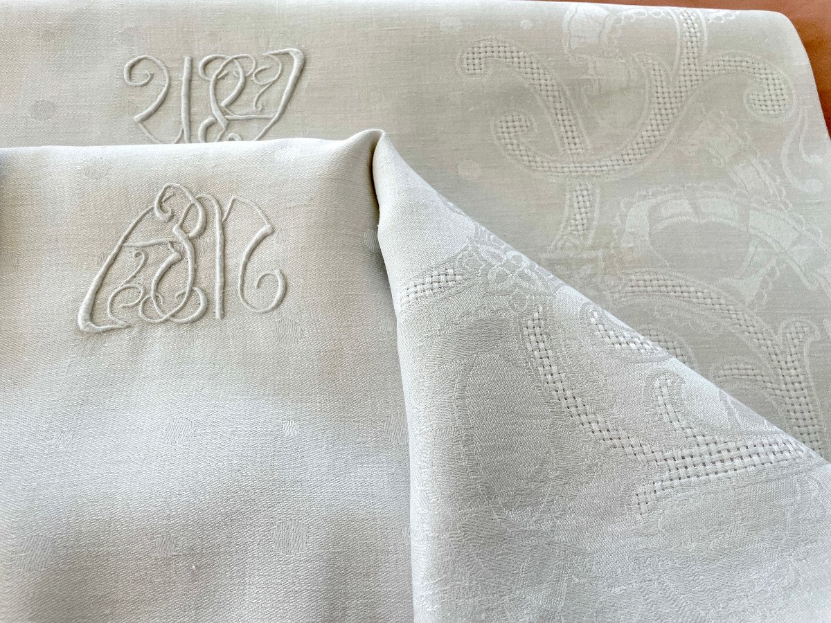 Nappe En Damassé De Lin Fin Avec 2 Monogrammes Am Et Beaux Motifs Tissés-photo-2