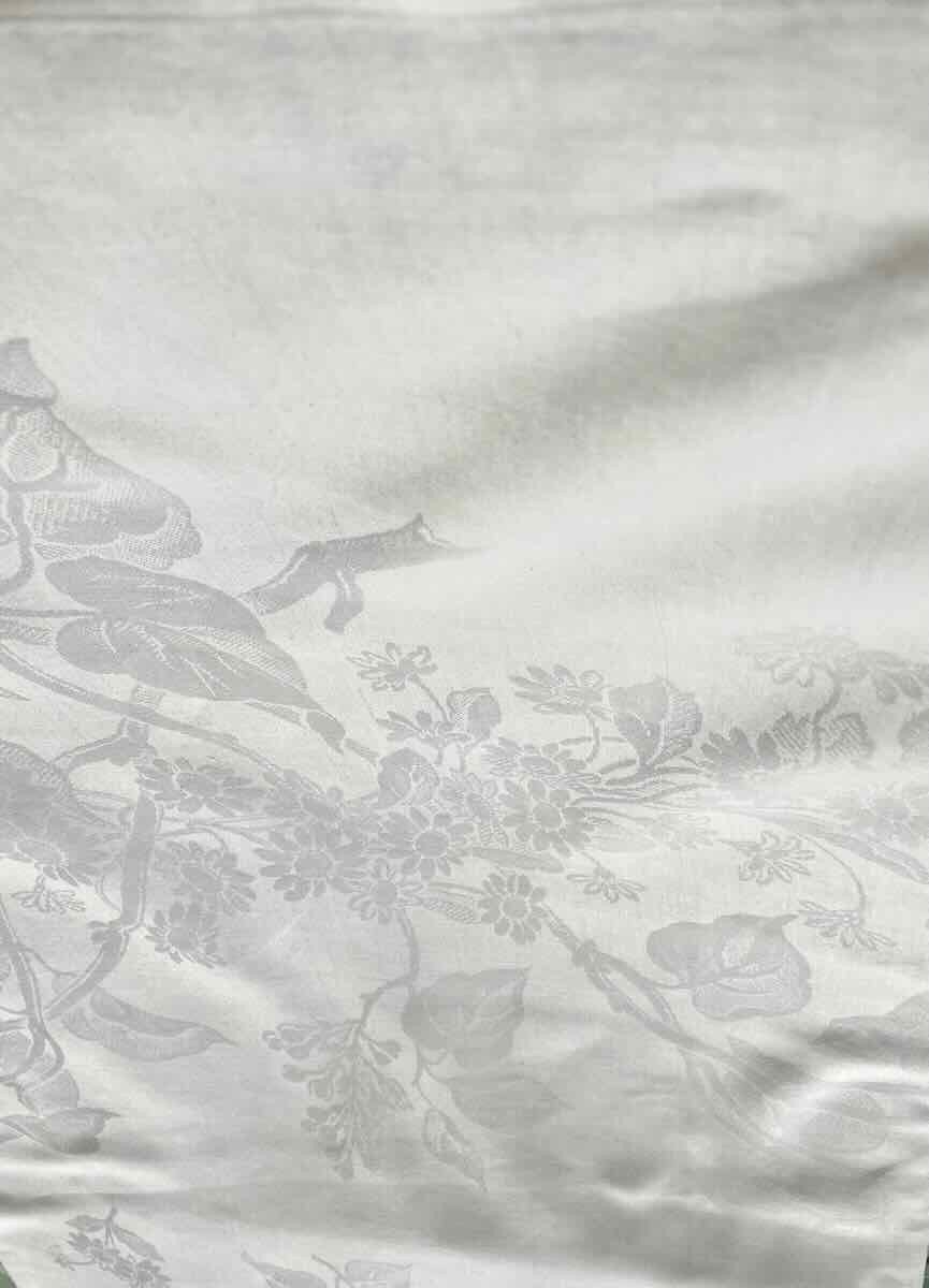 Grande Nappe Blanche En Damassé De Fil De Lin Avec Fleurs Et 2 Monogrammes Jd Linge Ancien-photo-2