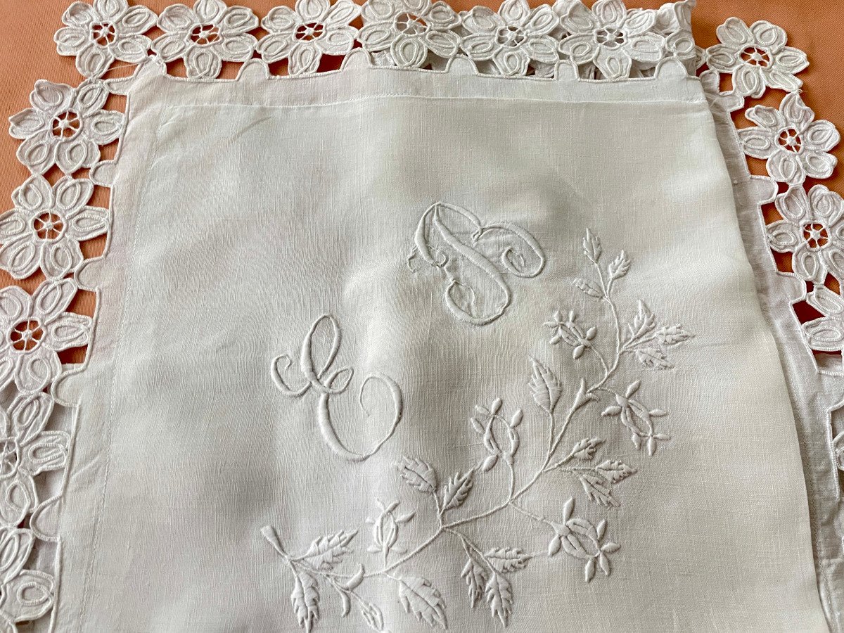 Belle Taie Avec Broderie Richelieu Et Monogramme EB Sur Toile De Lin Fin-Linge Ancien-photo-4