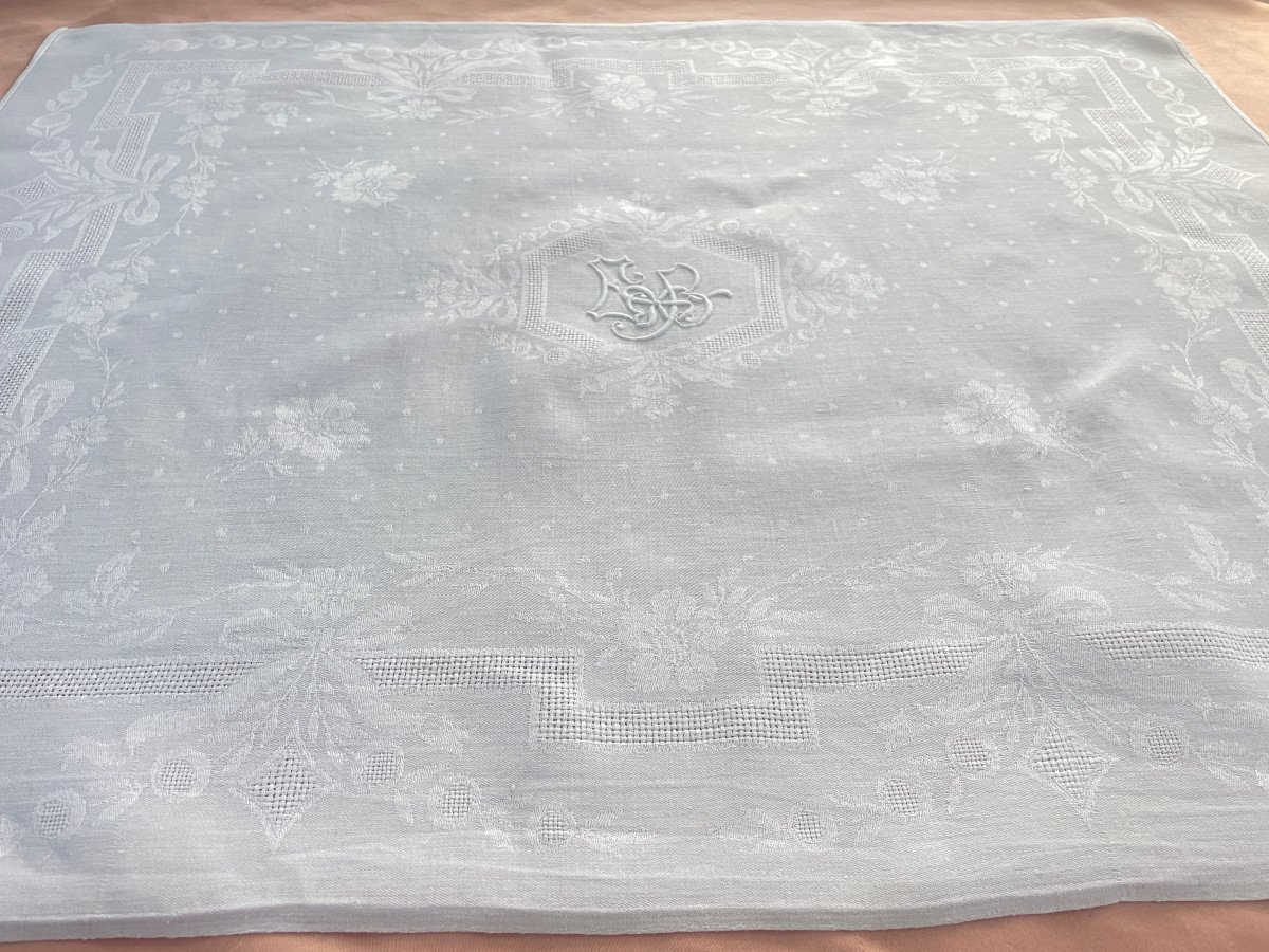 Service De Table, Damassé De Lin, Nappe + 12 Serviettes Monogrammes Eb Brodé Main- Linge Ancien-photo-3