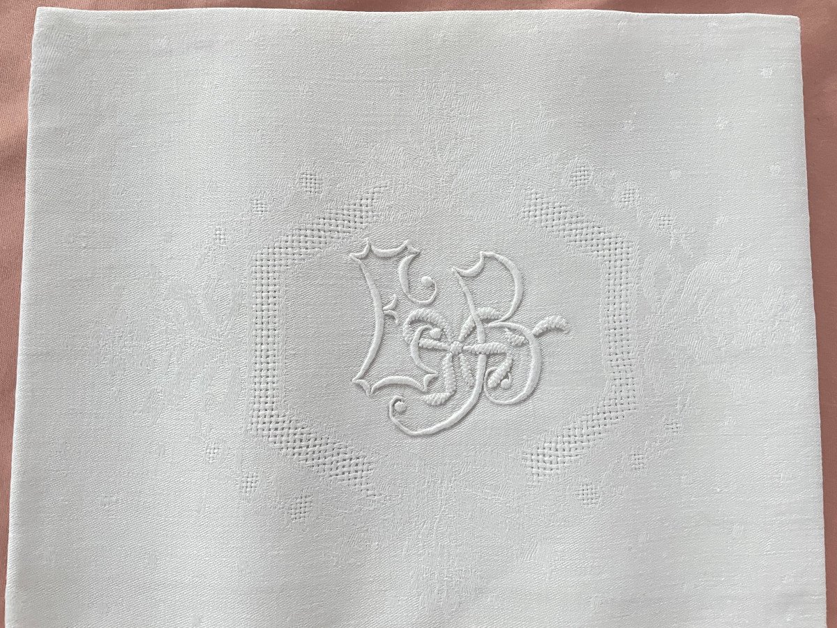 Service De Table, Damassé De Lin, Nappe + 12 Serviettes Monogrammes Eb Brodé Main- Linge Ancien-photo-4