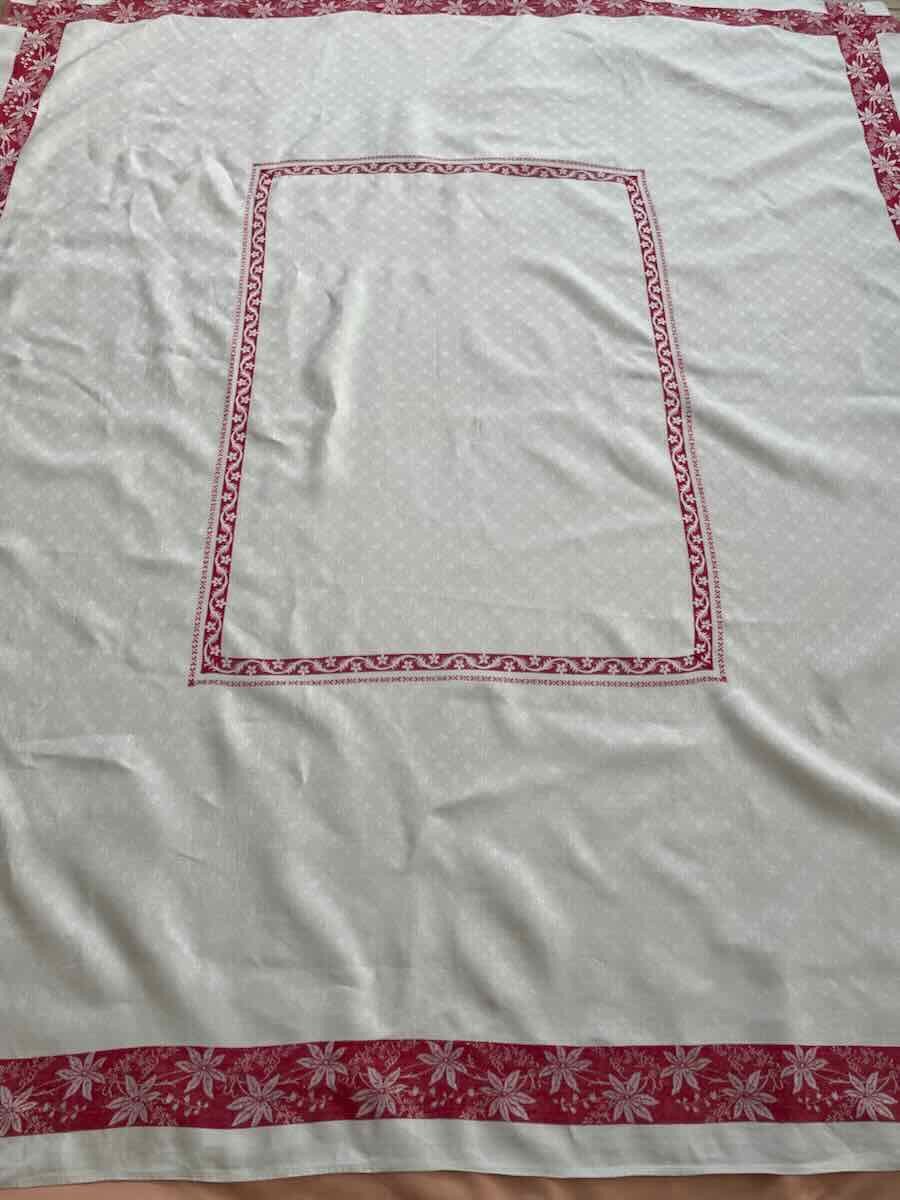 Rectangular Tablecloth In Fine Linen Damask With Red Slats, Napoleon III - Antique Linen-photo-4