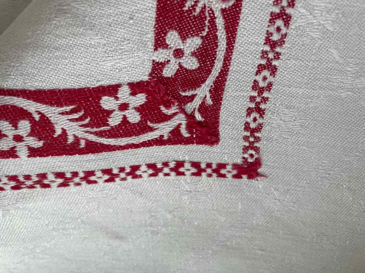 Rectangular Tablecloth In Fine Linen Damask With Red Slats, Napoleon III - Antique Linen-photo-2