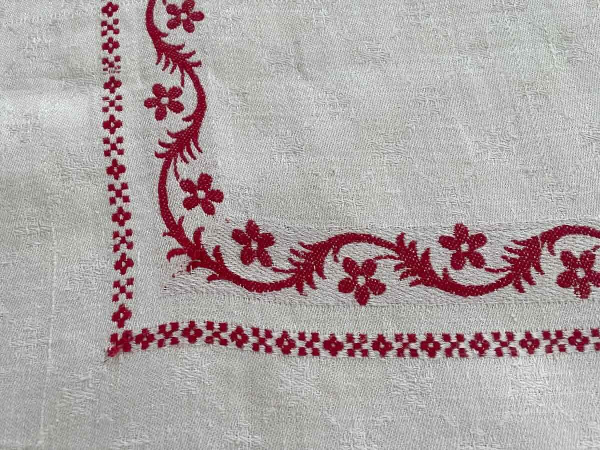 Rectangular Tablecloth In Fine Linen Damask With Red Slats, Napoleon III - Antique Linen-photo-3