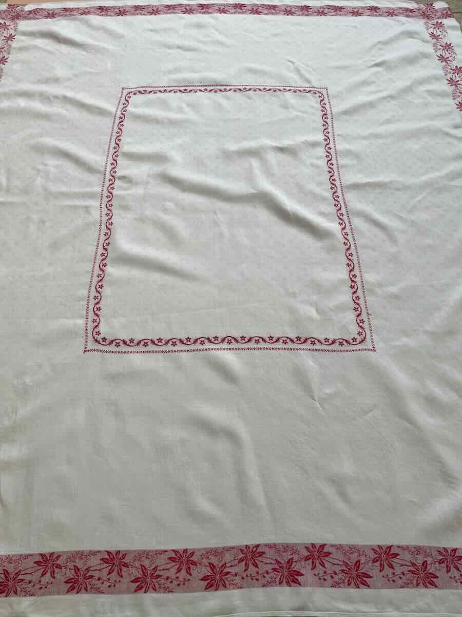 Rectangular Tablecloth In Fine Linen Damask With Red Slats, Napoleon III - Antique Linen-photo-4