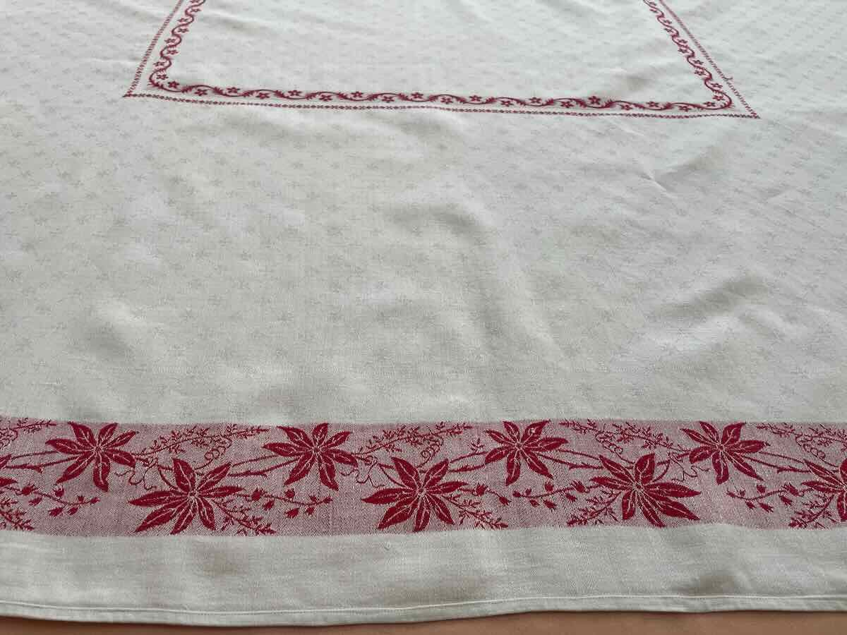 Rectangular Tablecloth In Fine Linen Damask With Red Slats, Napoleon III - Antique Linen-photo-5