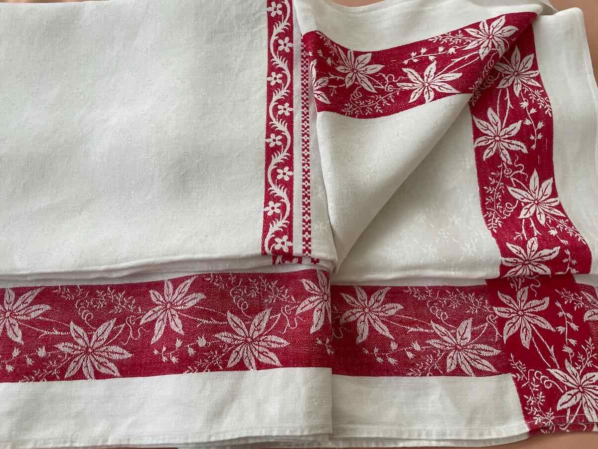 Rectangular Tablecloth In Fine Linen Damask With Red Slats, Napoleon III - Antique Linen-photo-8