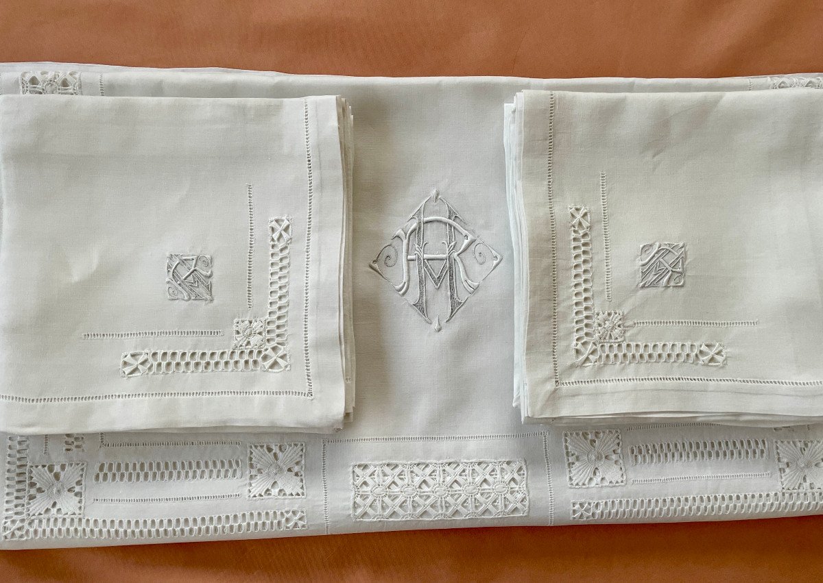 Rh Table Service In Linen Thread Fully Hand Embroidered: 1 Tablecloth + 10 Napkins - Antique Linen-photo-5