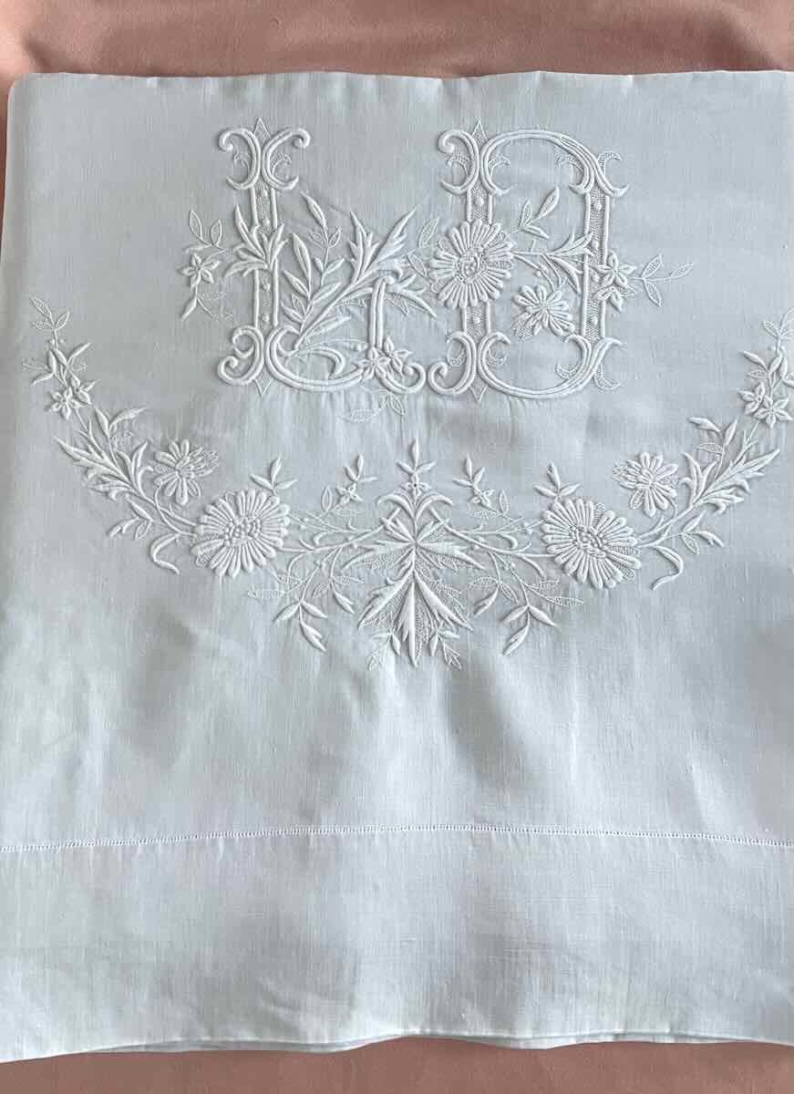 Drap De Lin Fin Avec Somptueuse Broderie Main Pour Le Monogramme LD - Linge Ancien-photo-3