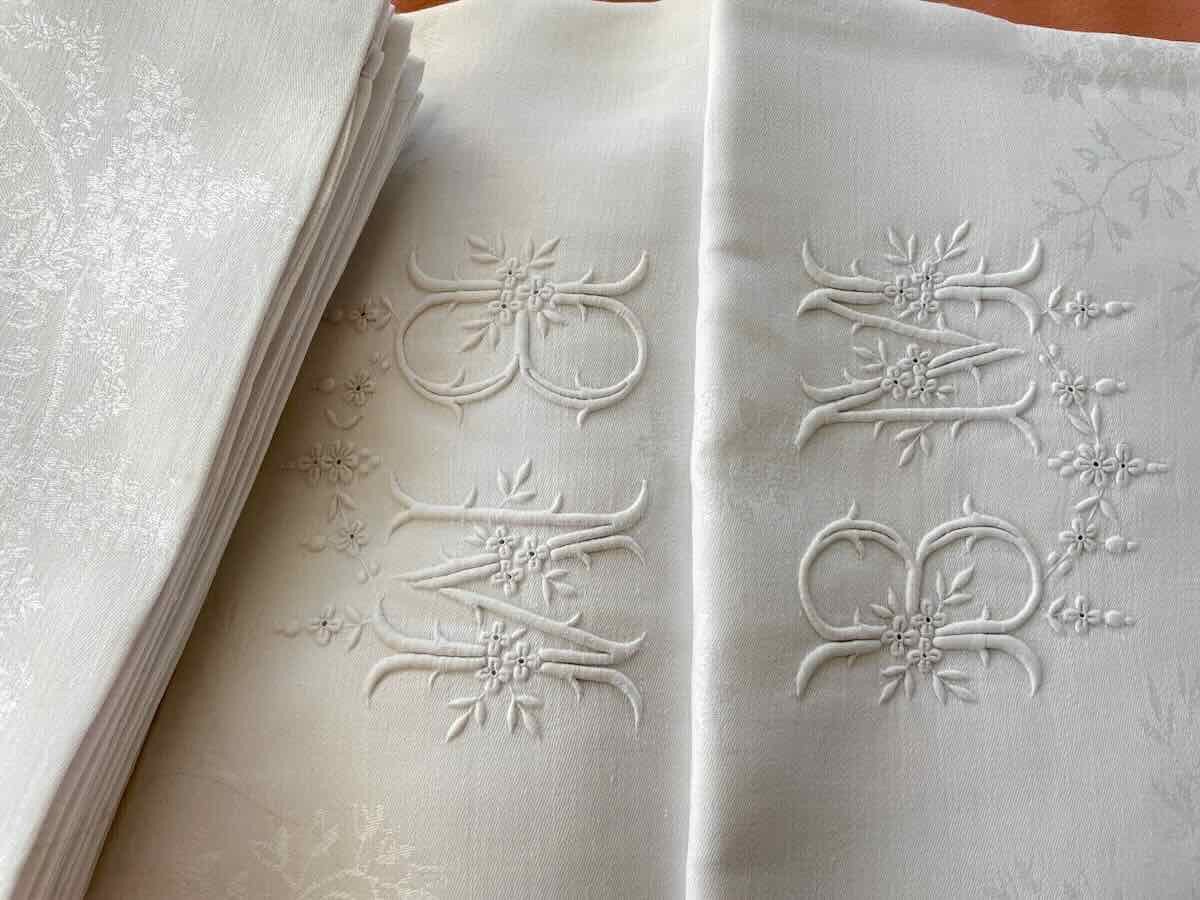 Damask Table Service In Linen Thread With Mb Monogram, Hand Embroidery. Antique Linen