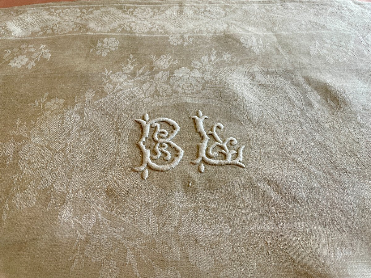 Superb Linen Damask Table Service Hand Embroidered Monogram Bl Color Bis - Antique Linen-photo-1