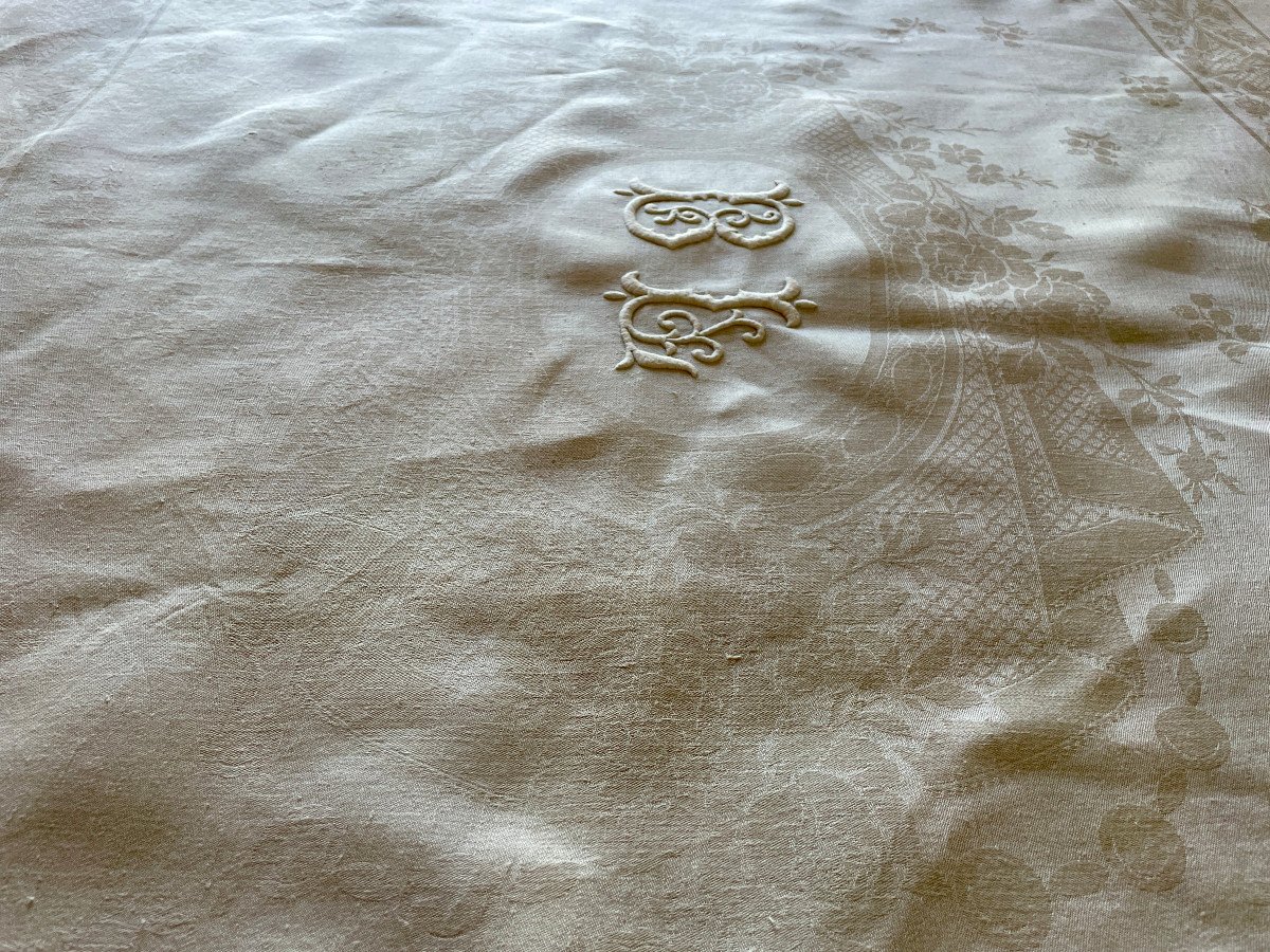 Superb Linen Damask Table Service Hand Embroidered Monogram Bl Color Bis - Antique Linen-photo-2