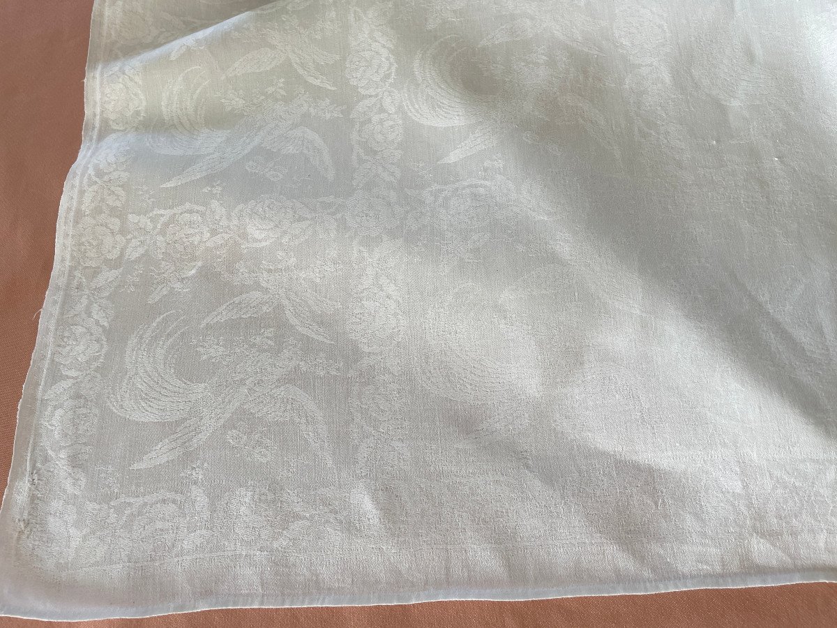 Large Napoleon III Tablecloth, 4.20 M, In Linen Thread Damask With Birds, Flowers, Butterflies-photo-5