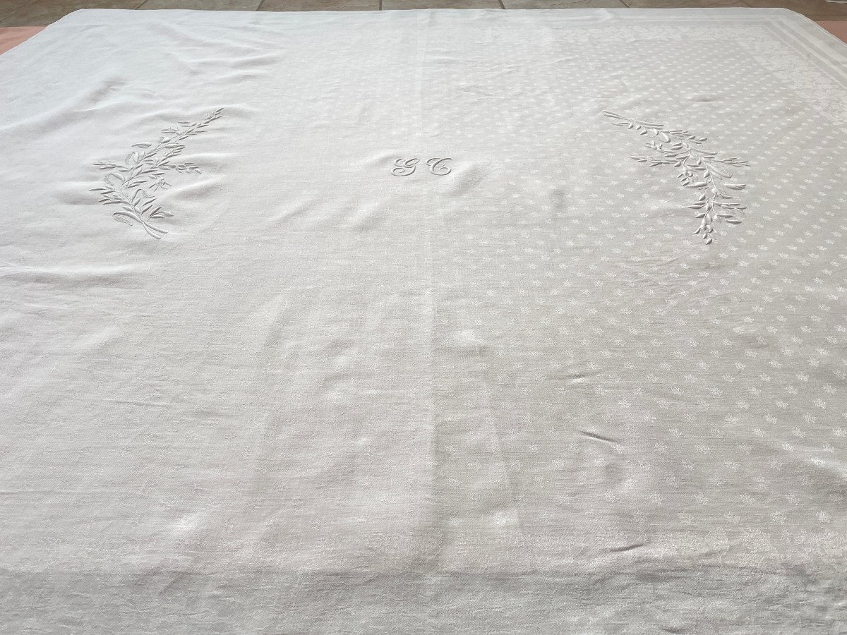 Rare Linen Damask Tablecloth With Hand Embroidery Branches, Monogram Gb - Antique Linen-photo-2